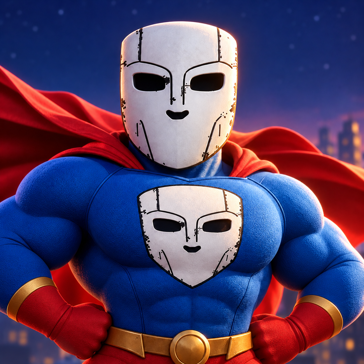 SUPERMUSK, a masked superhero in a blue suit and red cape